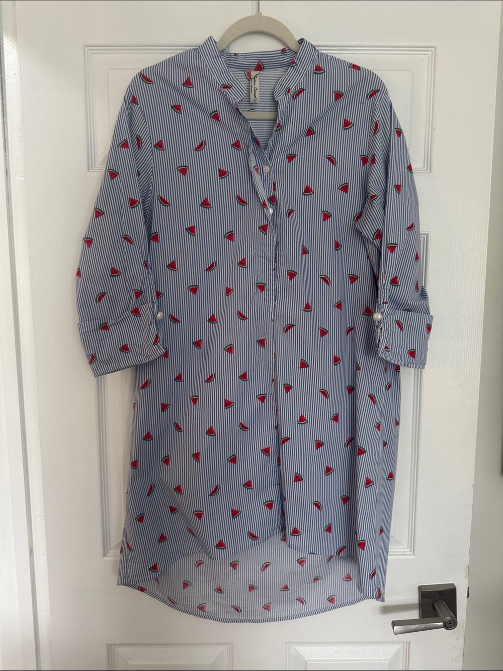 Blue Striped Long-Sleeve Shirt Dress with Red Print